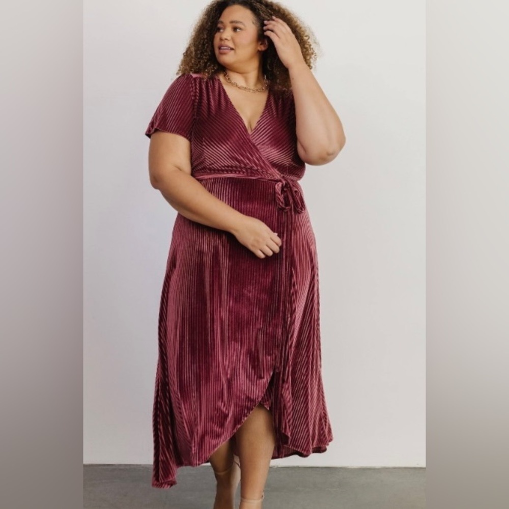 Baltic Born Wine Red Pleated Velvet Wrap Maxi Dress